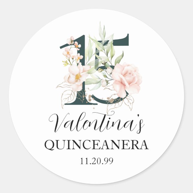 Blush Pink Floral Quinceanera Classic Round Sticker (Front)