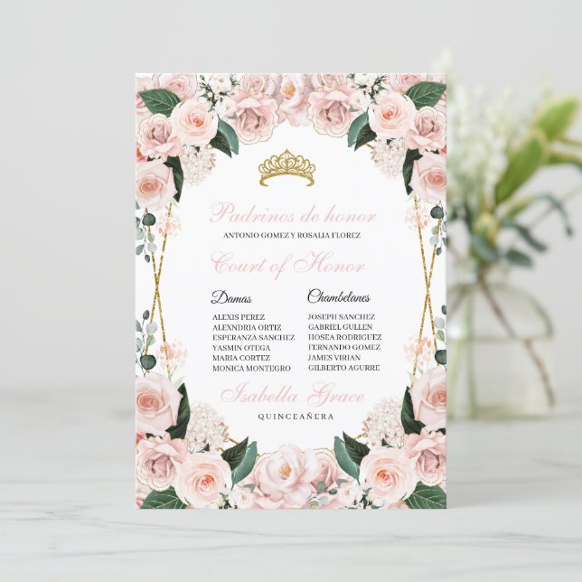 Blush Pink Floral Quinceanera Court of Honor Invitation (Standing Front)