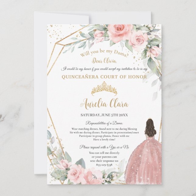 Blush Pink Floral Quinceañera Dama Proposal  Invitation (Front)