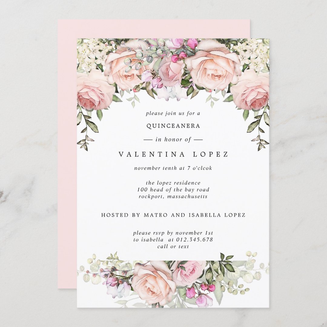 Blush Pink Floral Quinceanera Invitation 