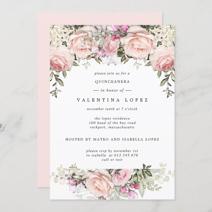 Blush Pink Floral Quinceanera Invitation | Zazzle