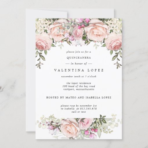 Blush Pink Floral Quinceanera Invitation | Zazzle