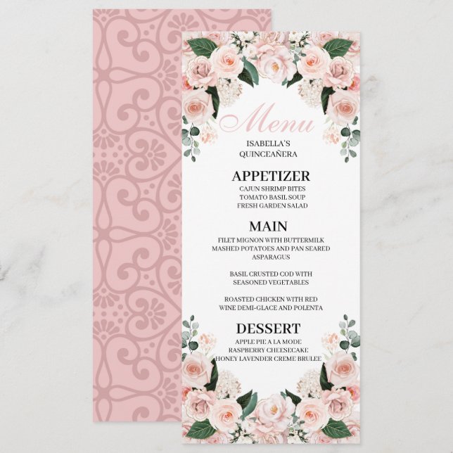 Blush Pink Floral Quinceanera Menu Invitation (Front/Back)