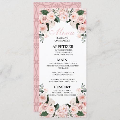 Blush Pink Floral Quinceanera Menu Invitation