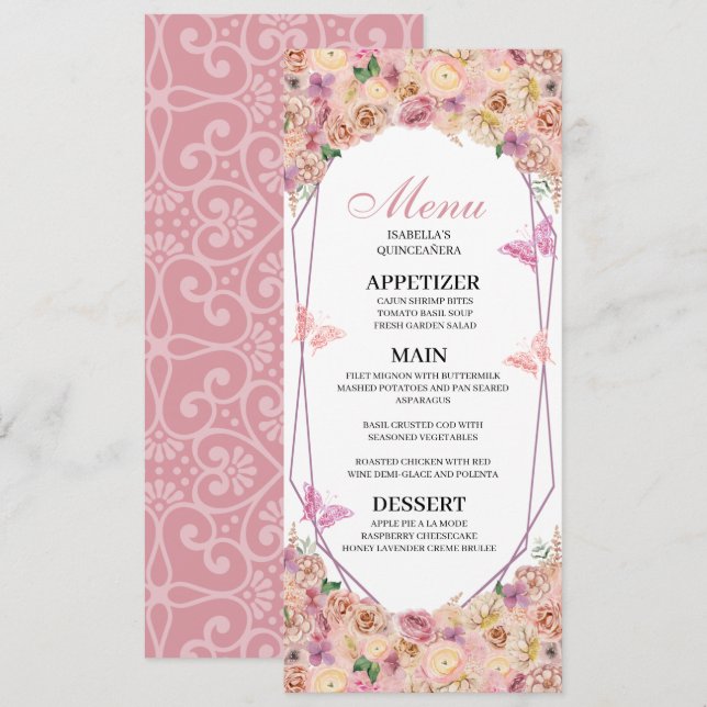 Blush Pink Floral Quinceanera Menu Invitation (Front/Back)