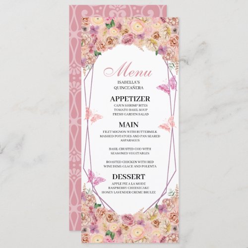 Blush Pink Floral Quinceanera Menu Invitation