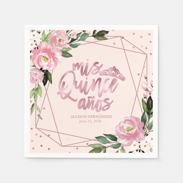 Blush Pink Floral Quinceanera Napkins (Front)