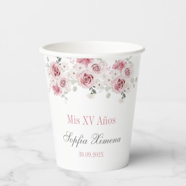 Blush Pink Floral Quinceañera Paper Cups (Front)