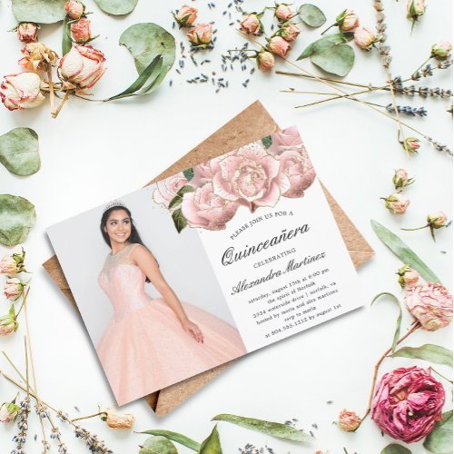 Blush Pink Floral Quinceanera Photo Invitation