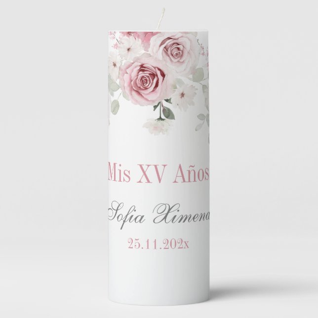 Blush Pink floral Quinceañera Pillar Candle (Front)