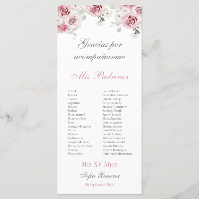 Blush Pink Floral Quinceañera Program (Back)