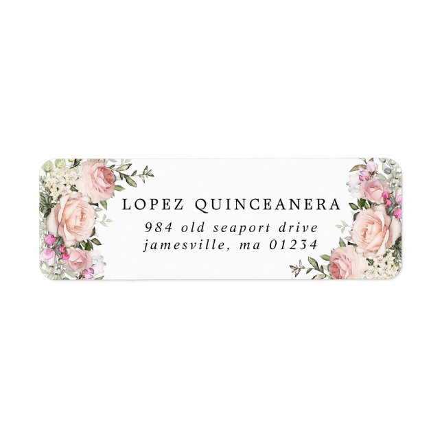 Blush Pink Floral Quinceanera Return Address Label (Front)