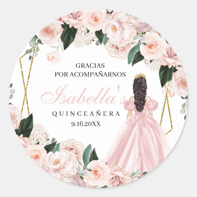 Blush Pink Floral Quinceanera Round Stickers | Zazzle