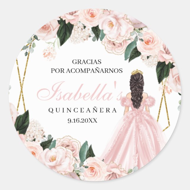 Blush Pink Floral Quinceanera Round Stickers (Front)