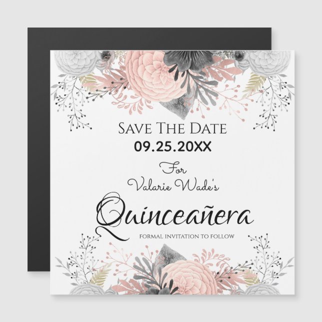 Blush Pink Floral Quinceanera Save the Date (Front/Back)