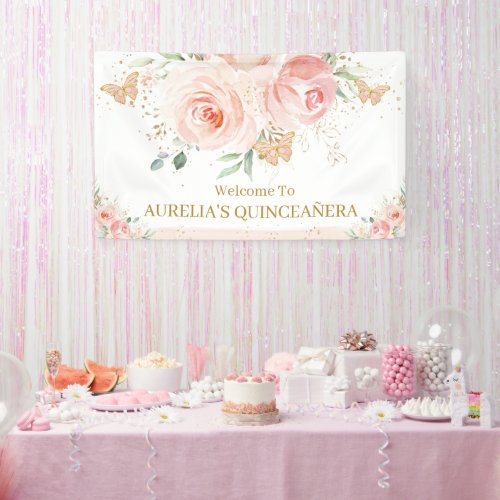 Blush Pink Floral Quinceaera Sweet 16 Backdrop Banner