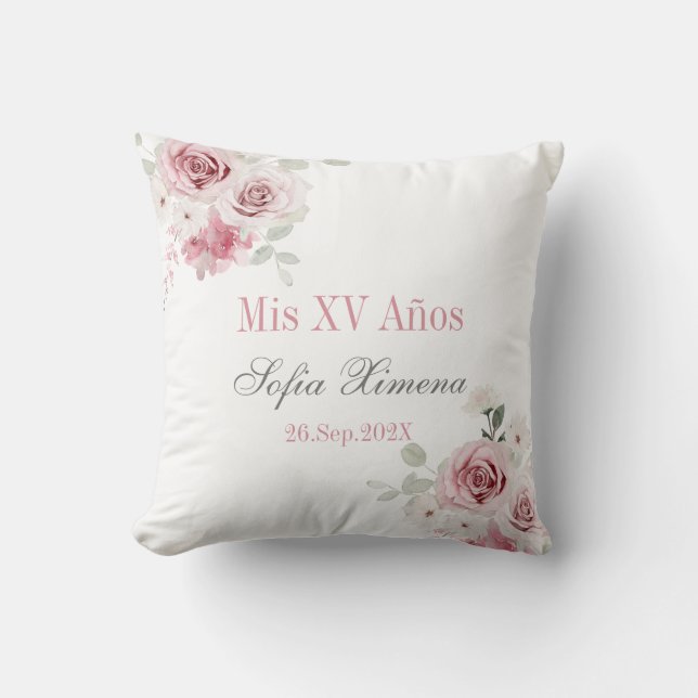 Blush Pink Floral Quinceañera Throw Pillow (Front)