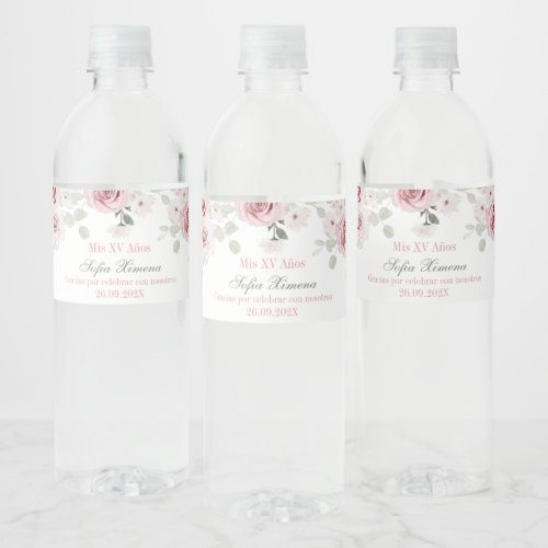 Blush Pink Floral Quinceaera Water Bottle Label
