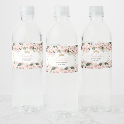 Blush Pink Floral Quinceanera Water Bottle Label