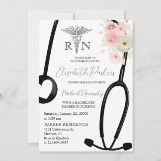Blush Pink Floral RN Nursing Graduation Party Invitation