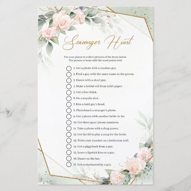 Blush pink floral romantic greenery Scavenger Hunt (Front)