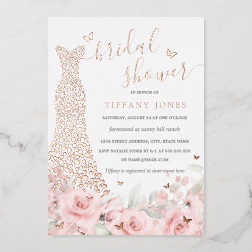 Blush Pink Floral Rose Dress Bridal Shower  Foil Invitation