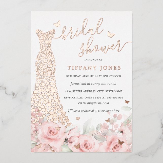 Blush Pink Floral Rose Dress Bridal Shower  Foil Invitation (Front)