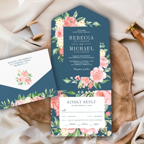 Blush Pink Floral Rose Garden Dusty Blue Wedding All In One Invitation