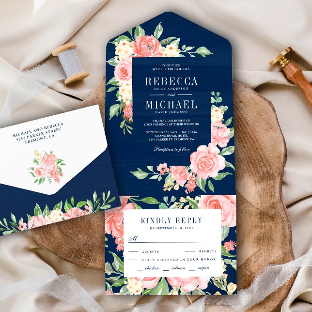 Blush Pink Floral Rose Garden Navy Blue Wedding All In One Invitation (Creator Uploaded)