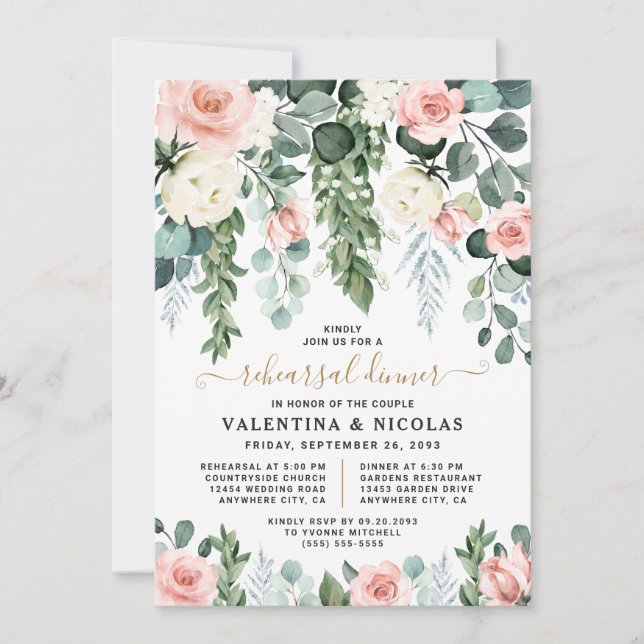Blush Pink Floral Rose Garden Rehearsal Dinner Invitation (Front)