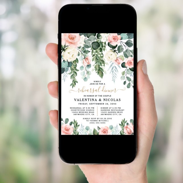 Blush Pink Floral Rose Garden Rehearsal Dinner Invitation (Front Digital)