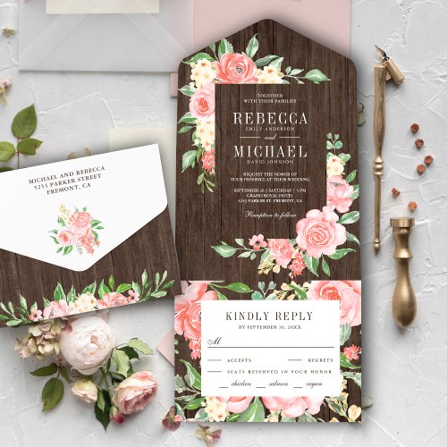 Blush Pink Floral Rose Garden Rustic Wood Wedding All In One Invitation