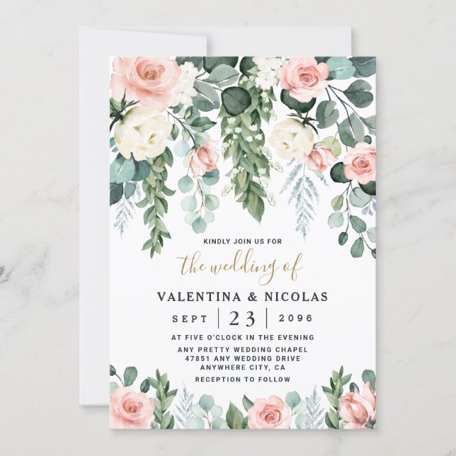 Blush Pink Floral Rose Garden Watercolor Wedding Invitation (Front)
