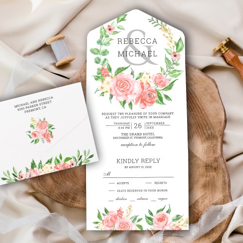Blush Pink Floral Rose Garland Wedding All In One Invitation