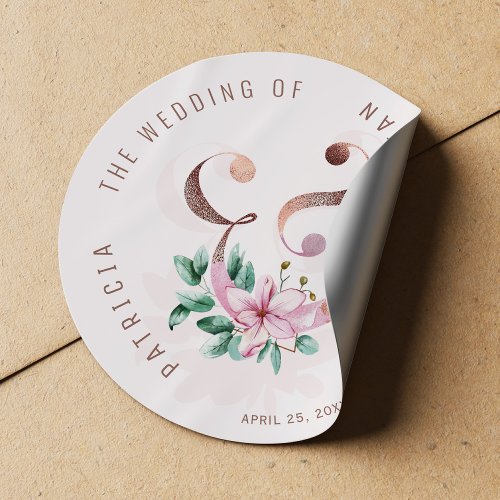 Blush pink floral rose gold ampersand wedding classic round sticker