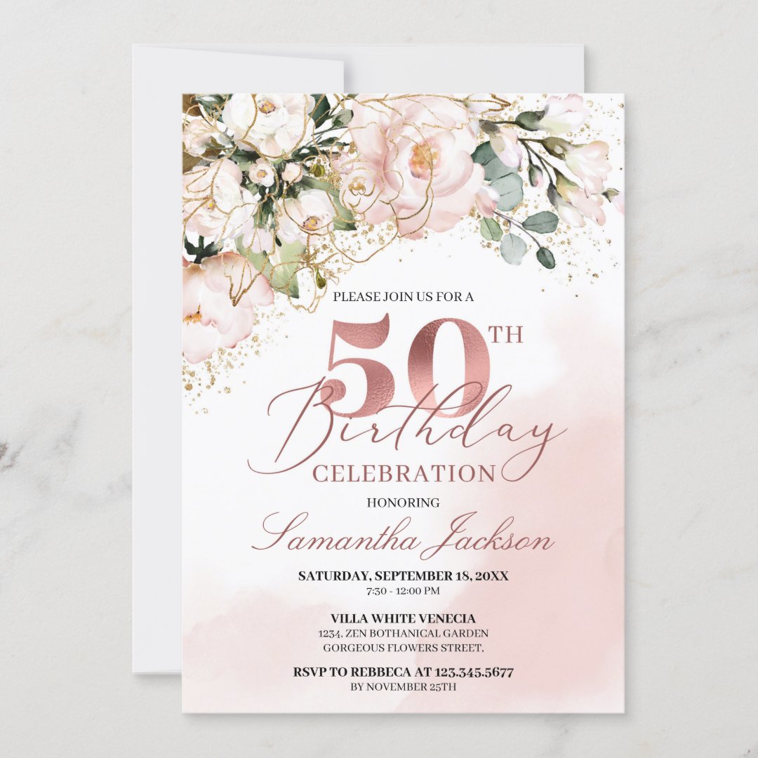 Blush pink floral rose gold boho 50th birthday invitation | Zazzle