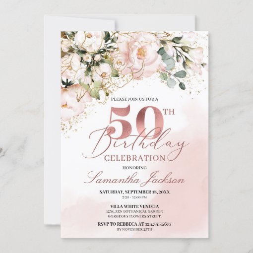 Blush pink floral rose gold boho 50th birthday invitation | Zazzle