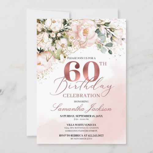 Blush pink floral rose gold boho 60th birthday invitation