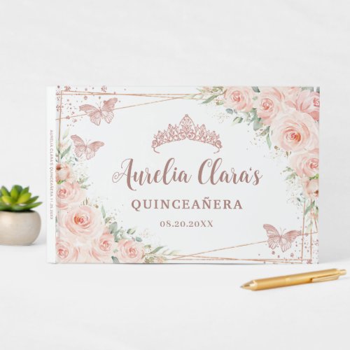 Blush Pink Floral Rose Gold Butterfly Quinceanera Guest Book