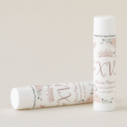 Blush Pink Floral Rose Gold Butterfly Quinceaera Lip Balm