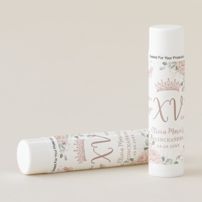 Blush Pink Floral Rose Gold Butterfly Quinceañera Lip Balm (Front)