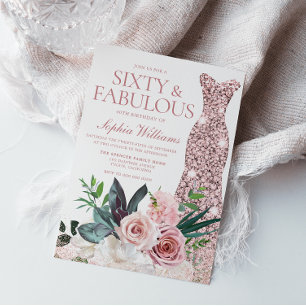 Blush Pink Floral Rose Gold Dress 60th Birthday Invitation