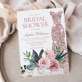 Blush Pink Floral Rose Gold Dress Bridal Shower Invitation by Nicheandnest at Zazzle