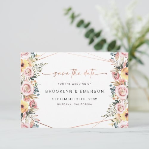 Blush Pink Floral Rose Gold Foil Geometric Wedding Save The Date