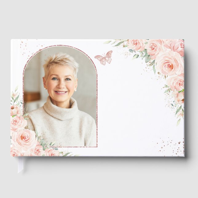 Blush Pink Floral Rose Gold Memorial Funeral Photo Foil Guest Book (Front)