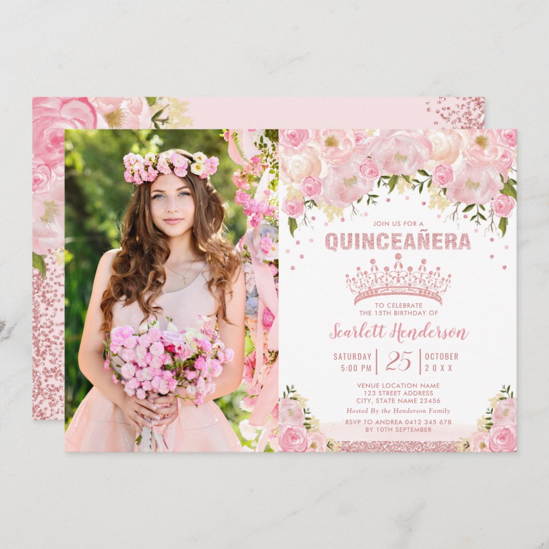 Blush Pink Floral Rose Gold Quinceañera Birthday Invitation Zazzle 1950