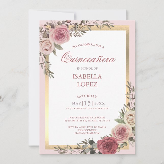 Blush Pink Floral Rose Gold  Quinceañera Invitatio Invitation (Front)