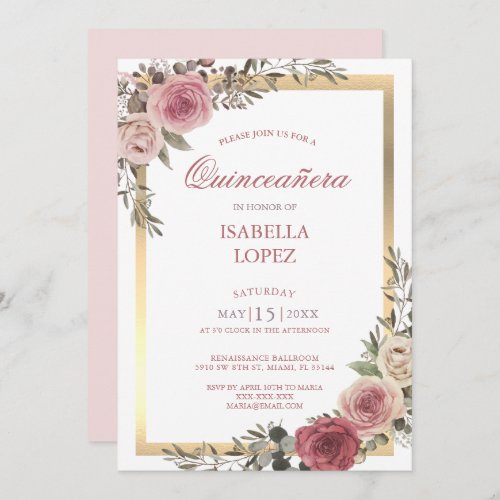 Blush Pink Floral Rose Gold  Quinceaera Invitation