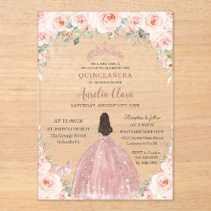 Blush Pink Floral Rose Gold Quinceañera Sweet 16 Acrylic Invitations