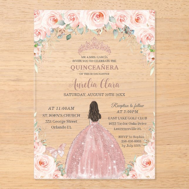 Blush Pink Floral Rose Gold Quinceañera Sweet 16  Acrylic Invitations (Front)